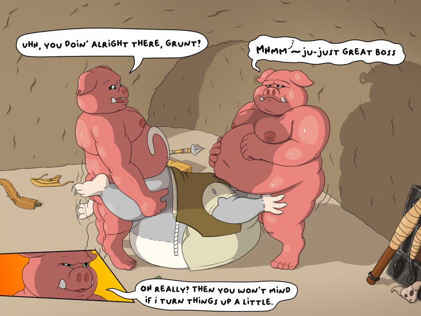 anthro belly big_belly cave detailed_background dialogue grey_body group group_sex humanoid_hands inside male moobs nipples obese obese_male overweight overweight_male sex text threesome shori_d nintendo skyward_sword the_legend_of_zelda blin_(tloz) mammal moblin mouse murid murine rodent shield_moblin suine 2022 4:3 comic english_text