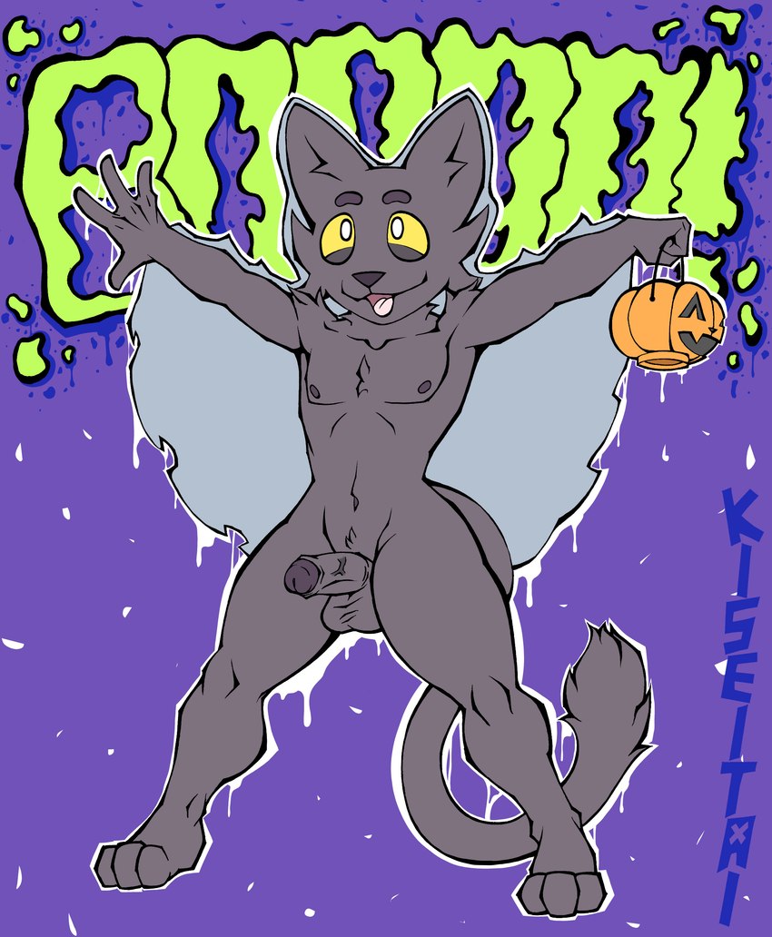 anthro black_body black_fur erection food fruit fur happy male nude plant pumpkin simple_background solo yellow_eyes kiseitai bob_(kiseitai) domestic_cat felid feline felis mammal absurd_res hi_res