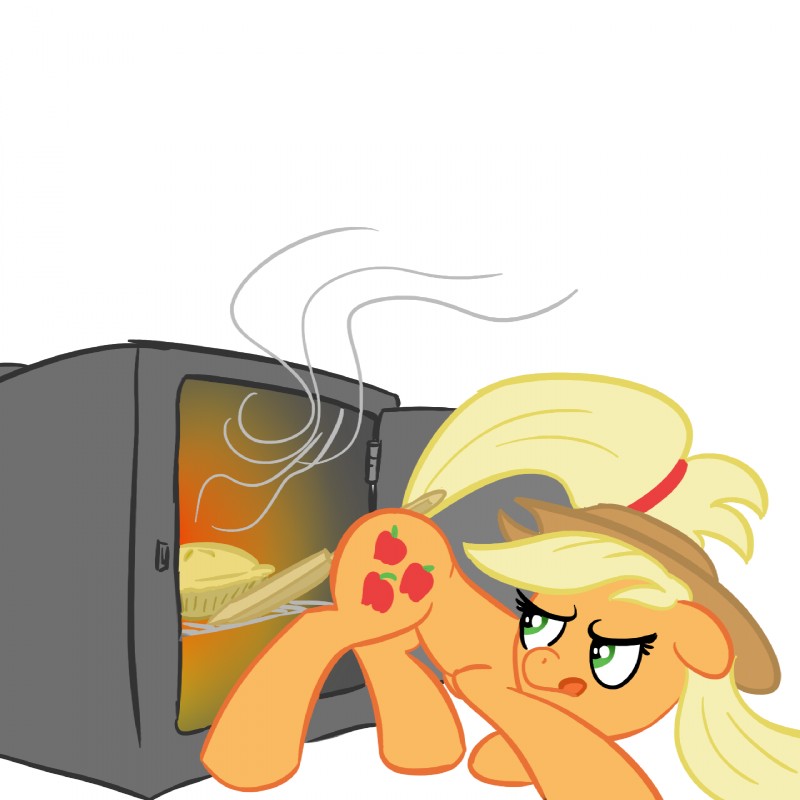 appliance blonde_hair clothing cutie_mark dessert female feral food green_eyes hair hat headgear headwear kitchen_appliance oven paddle pastry pie simple_background solo white_background elslowmo friendship_is_magic hasbro my_little_pony applejack_(mlp) earth_pony equid equine horse mammal pony 1:1 hi_res