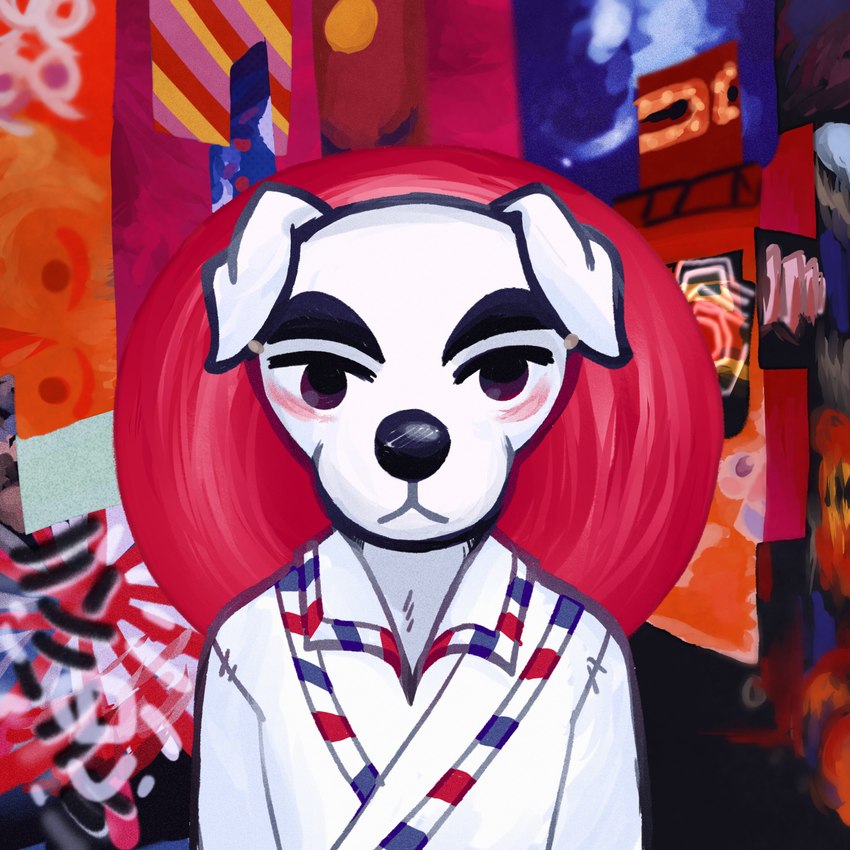 album_redraw anthro black_nose blush clothed clothing eyebrows fur male solo topwear white_body white_fur kresendoe animal_crossing bjork k.k._slider_album_redraw nintendo post_(bjork) k.k._slider canid canine canis domestic_dog mammal 1:1 2020 album_cover cover digital_media_(artwork) hi_res meme