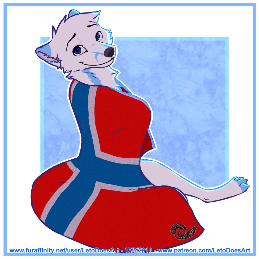 ambiguous_gender anthro black_nose blue_body blue_eyes blue_fur cheek_tuft facial_tuft flag flag_(object) fur leucistic looking_at_viewer norway norwegian_flag simple_background sitting smile snout solo text tuft wearing_flag white_body white_fur letodoesart leto_(letodoesart) arctic_fox canid canine fox mammal true_fox 1:1 2018 digital_media_(artwork) hi_res url