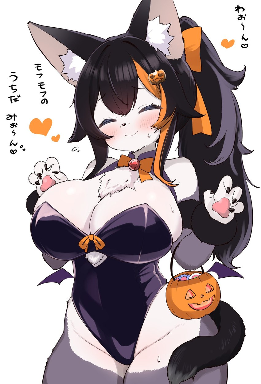 anthro big_breasts bodily_fluids breasts bunny_costume camel_toe clothing costume curvy_figure female fluffy jack-o'-lantern kemono nervous_smile solo sweat sweatdrop wide_hips zazami_d hololive vtuber ookami_mio canid canine canis mammal wolf hi_res