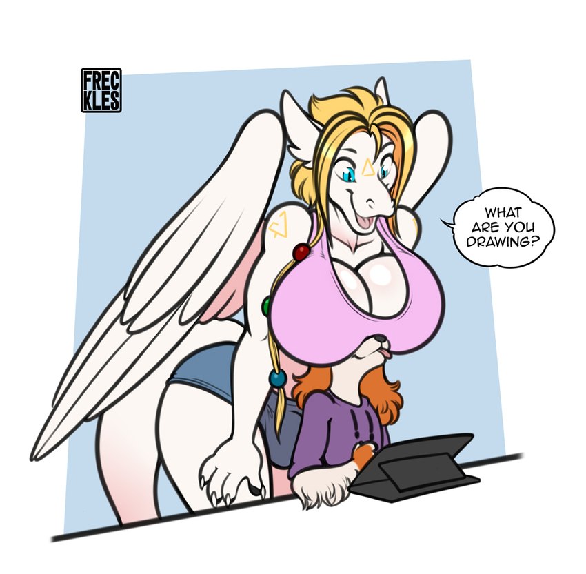 anthro back_wings blep blonde_hair boob_hat breasts bulge cleavage clothed clothing crop_top dialogue drawing_tablet duo electronics face_in_breasts feathered_wings feathers floppy_ears fur gynomorph hair hoodie intersex male multicolored_body multicolored_fur open_mouth open_smile orange_body orange_fur scales shirt simple_background size_difference smile speech_bubble tail text these_aren't_my_glasses tongue tongue_out topwear two_tone_body two_tone_fur white_body white_fur white_scales wide_eyed wings freckles_(artist) mythology pecas_(freckles) siegfried bird_dog canid canine canis domestic_dog dragon hunting_dog mammal mythological_creature mythological_scalie scalie spaniel welsh_springer_spaniel winged_dragon 2023 english_text meme