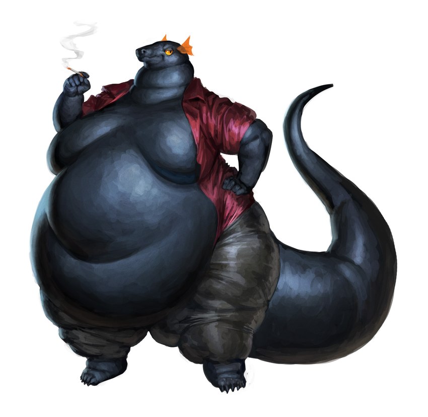 anthro barefoot belly big_belly black_body black_skin bottomwear cigarette clothed clothing feet hand_on_hip holding_object male moobs morbidly_obese morbidly_obese_anthro morbidly_obese_male obese obese_anthro obese_male open_clothing open_topwear orange_eyes overweight overweight_anthro overweight_male pants shirt simple_background smoking solo standing tail thick_tail topwear white_background cettus mythology fritjof dragon mythological_creature mythological_scalie scalie 2022 hi_res