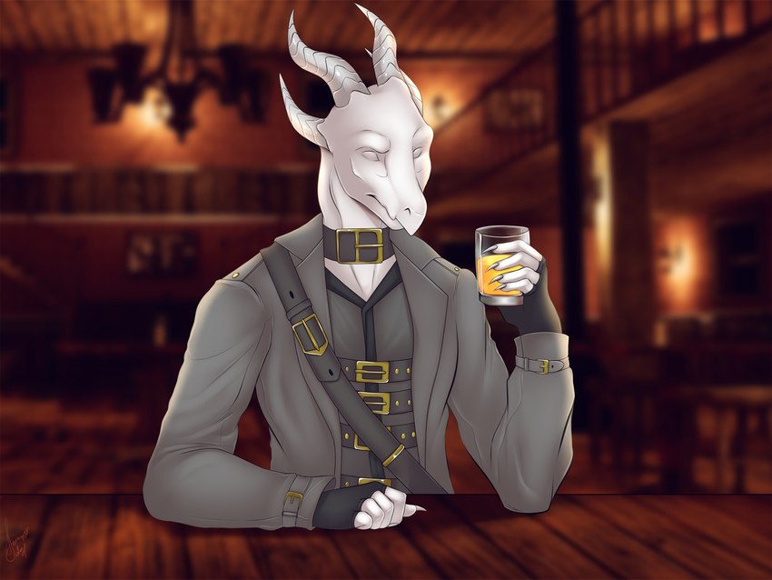 anthro bar belt beverage blind claws clothed clothing coat collar disability eyeless fingerless_gloves fully_clothed glass gloves handwear holding_object horn inside juice_(beverage) male orange_juice sitting solo topwear white_body len4ik555 mythology saren_(saren662) dragon mythological_creature mythological_scalie scalie 2021 4:3 digital_media_(artwork) hi_res