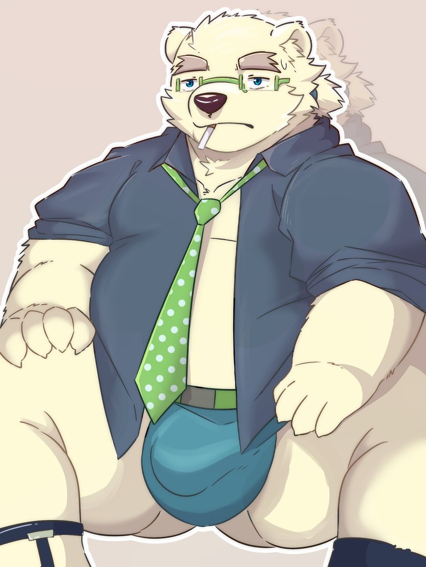 anthro bulge clothed clothing kemono male open_clothing open_shirt open_topwear overweight overweight_male shirt simple_background sitting smoking solo topwear underwear 15786kll lifewonders tokyo_afterschool_summoners leib_(tas) bear mammal polar_bear ursine 2024 3:4 hi_res