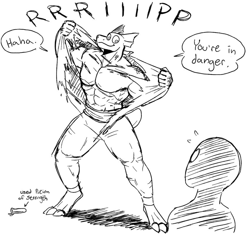 ambiguous_gender anthro clothing duo humor imminent_pain male muscular muscular_anthro muscular_male potion_bottle size_difference smile tearing_off text torn_clothing 60percentscalie reptile scalie english_text monochrome