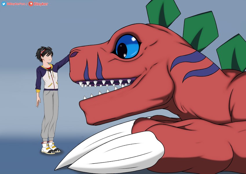 anthro black_hair blue_eyes blue_markings blue_stripes dorsal_crest duo eyewear goggles hair lying male markings on_front open_mouth petting red_body red_scales scales sharp_teeth size_difference smile standing stripes teeth bleykerforz bandai_namco digimon digimon_survive agumon_(survive) takuma_momozuka digimon_(species) dinosaur human mammal prehistoric_species reptile scalie tyrannomon absurd_res hi_res