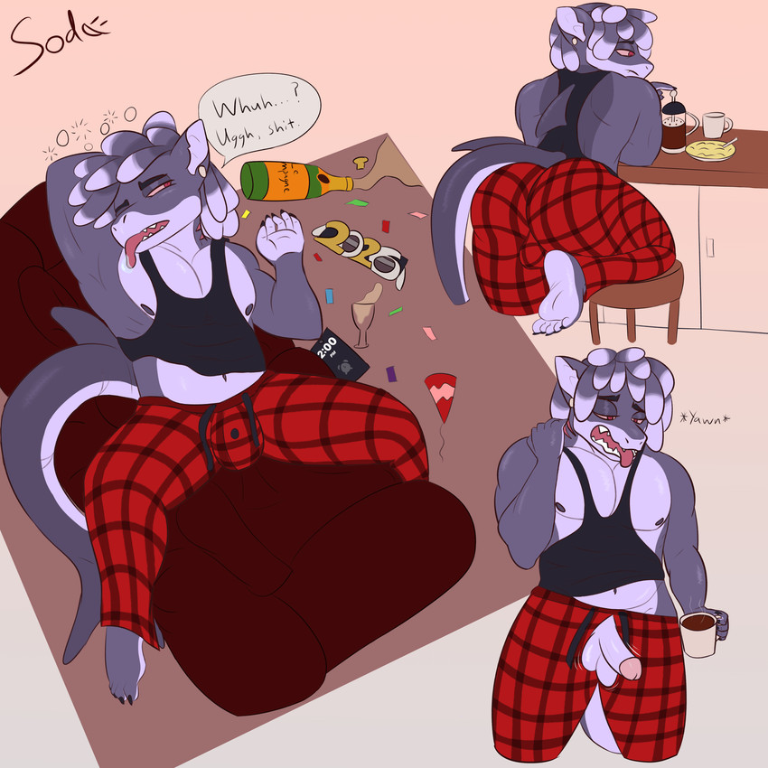 alcohol anthro backsack balls beverage big_butt big_muscles big_pecs black_clothing black_shirt black_tank_top black_topwear bodily_fluids bottomwear bubble bulge butt champagne claws clothed clothing clothing_lift coffee coffee_mug confetti countershading dreadlocks drooling drunk drunk_bubble ear_piercing electronics erection eyewear feet fin food french_press furniture genitals glasses hand_behind_head hungover leaning_on_table male morning_wood motion_lines multiple_poses muscular muscular_male navel nipples on_sofa one_eye_closed one_leg_up open_mouth pajama_pants pants party_popper pattern_bottomwear pattern_clothing pecs penis penis_poking_out penis_through_fly phone piercing plaid plaid_bottomwear plaid_clothing pose profanity purple_body raised_clothing raised_leg raised_shirt raised_topwear red_bottomwear red_clothing red_pants saliva shark_tail shirt simple_background sofa solo speech_bubble spilled_drink stool substance_intoxication tail tail_aside tank_top teeth_showing text thick_thighs tired tired_eyes toe_claws tongue tongue_out topwear woken_up yawn sodascum new_year_2026 soda_(sodascum) fish marine shark 1:1 2026 absurd_res hi_res signature