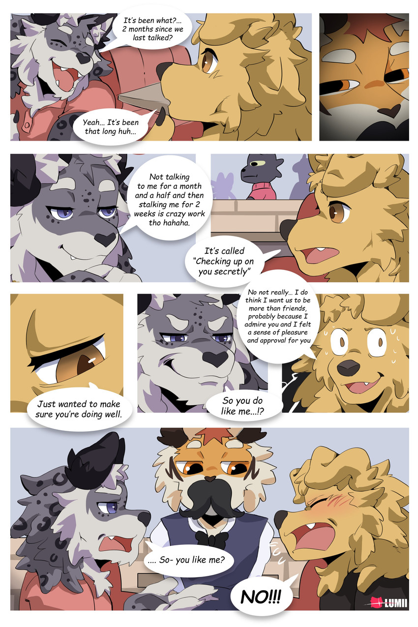 anthro blush bodily_fluids dialogue fake_mustache freckled_face freckles fur group male markings restaurant spots spotted_body spotted_fur sweat text trio lumii i_think_i_like_you dev_(i_think_i_like_you) ray_(i_think_i_like_you) red_(i_think_i_like_you) bird_dog canid canine canis domestic_dog felid golden_retriever hunting_dog mammal pantherine retriever snow_leopard tiger absurd_res comic english_text hi_res