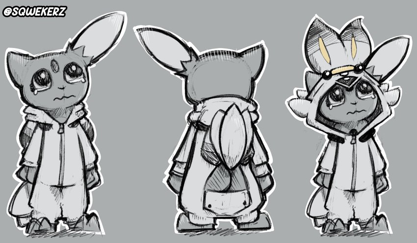 anthro bodily_fluids butt_flap butt_slap clothing crying hood hooded hoodie kigurumi male multiple_angles onesie onsie slap solo spanking tears topwear sqwek nintendo pokemon generation_2_pokemon pokemon_(species) sneasel hi_res model_sheet