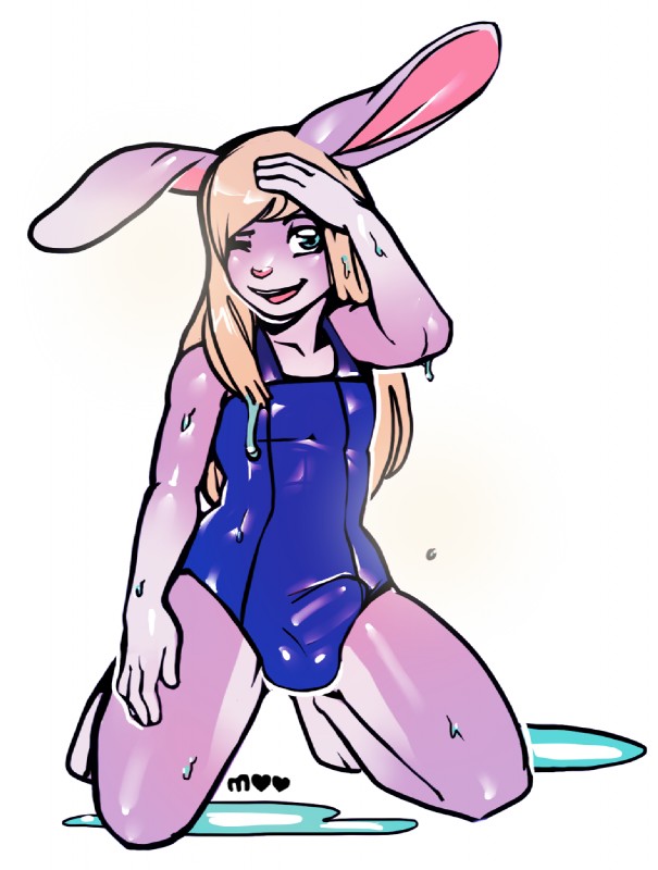 anthro balls_outline big_ears biped blue_clothing blue_swimwear bulge clothing detailed_bulge femboy genital_outline kneeling male one-piece_swimsuit penis_outline school_swimsuit solo swimwear wet arh laini lagomorph leporid mammal rabbit hi_res