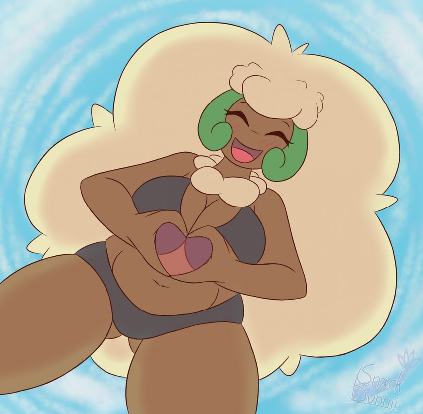 anthro biped blush breasts brown_body butt butt_from_the_front cleavage clothed clothing eyes_closed female fur green_body low-angle_view navel open_mouth open_smile sky smile solo swimwear tan_body tan_fur tongue snackbunnii nintendo pokemon generation_5_pokemon pokemon_(species) whimsicott 2024 hi_res