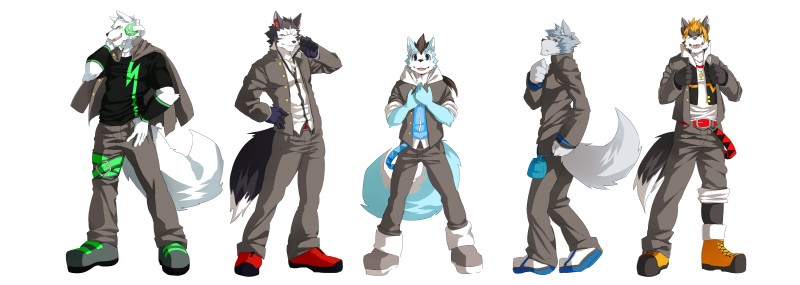 anthro black_hair blue_body blue_eyes blue_fur clothed clothing fur green_eyes grey_body grey_fur hair jewelry kemono looking_at_viewer male muscular muscular_male necklace open_mouth red_eyes solo standing white_body white_fur wristband kenn utau aki_tsukane ikuto_waon rou_kemonone sarasa_arujine sero_tsugumine canid canine canis domestic_dog mammal wolf absurd_res hi_res multiple_images