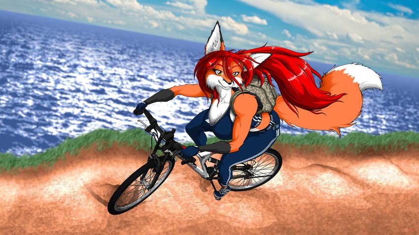 5_fingers anthro backpack bicycle bra breasts cleavage clothed clothing cycling female fingerless_gloves fingers footwear fur gloves gloves_(marking) hair handwear high-angle_view humanoid_hands long_hair markings mountain_bike multicolored_body multicolored_fur orange_body orange_fur outside red_hair riding_bike sea shoes sneakers solo sports_bra two_tone_body two_tone_fur underwear vehicle water white_body white_fur red-indicator aeril_(helios) canid canine fox mammal red_fox true_fox 16:9 2021 4k absurd_res digital_media_(artwork) hi_res story story_in_description widescreen