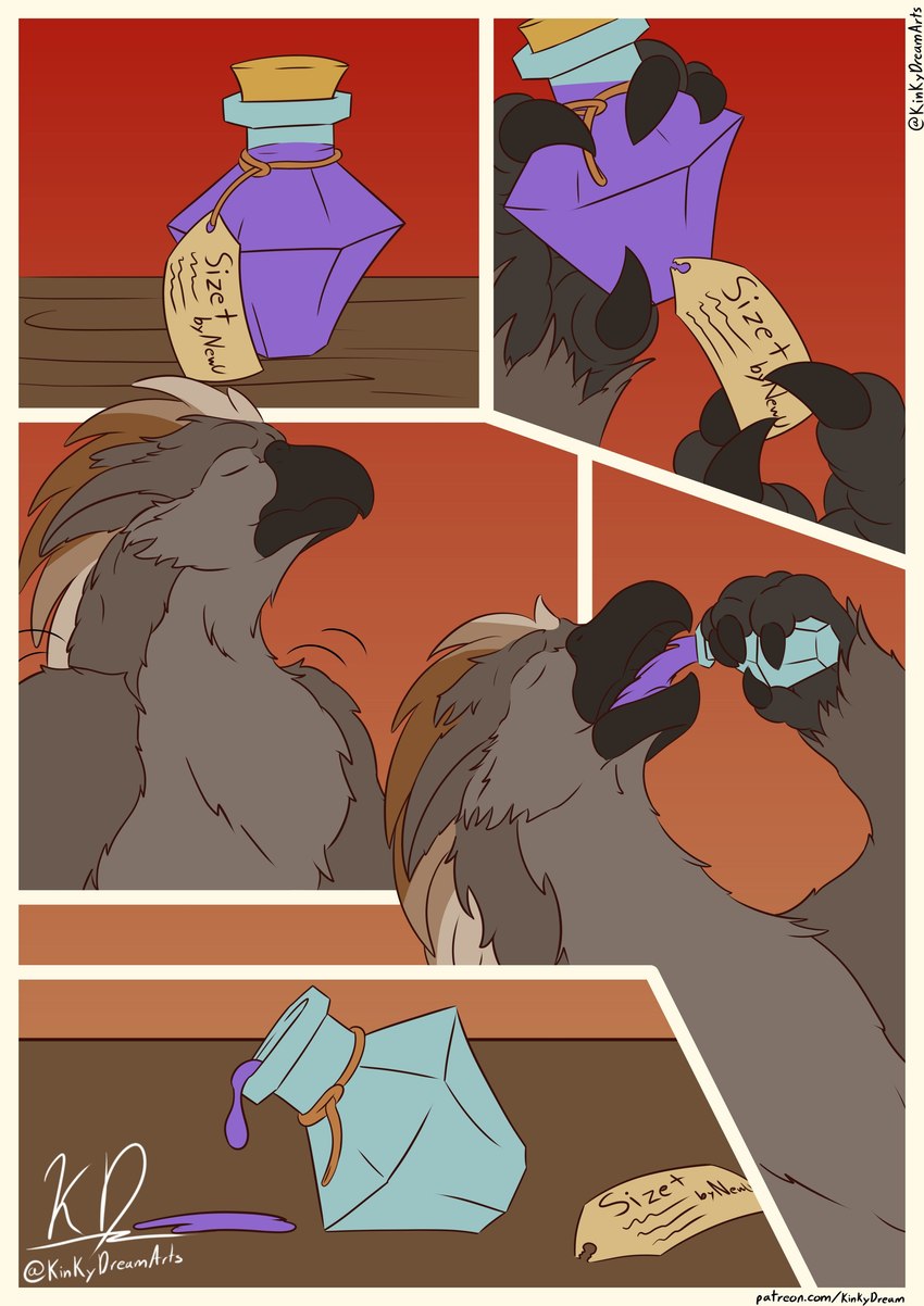 drinking feral growth_potion male potion potion_bottle smile solo kinkydream european_mythology greek_mythology mythology aeto_(aetobirb) avian gryphon hippogriff mythological_avian mythological_creature absurd_res comic hi_res