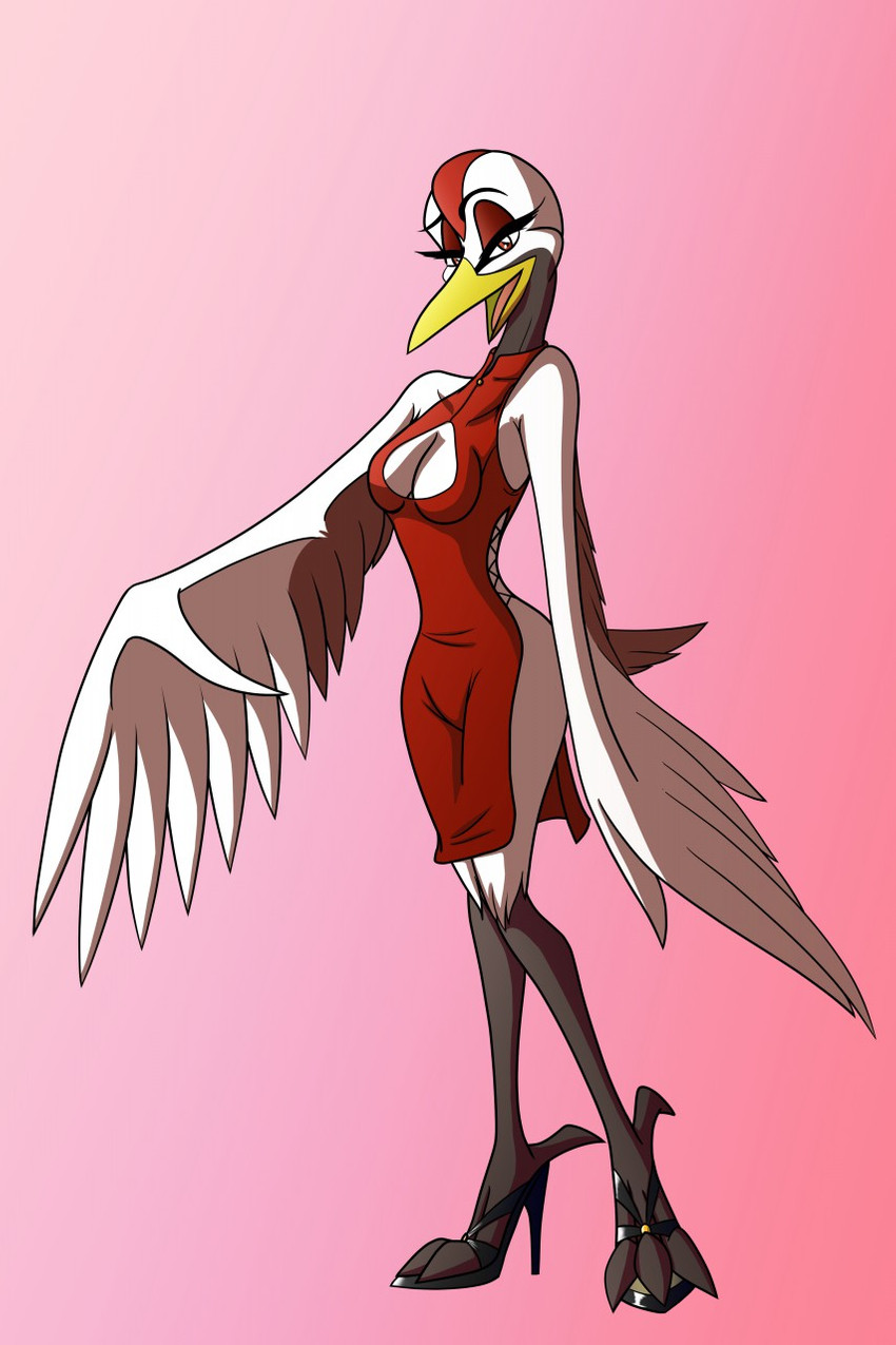 anthro breasts clothing dress female footwear looking_at_viewer non-mammal_breasts shoes simple_background smile solo whitephoenix52 yuriko_(aidagull) avian bird crane_(bird) gruiform grus_(genus) red-crowned_crane hi_res