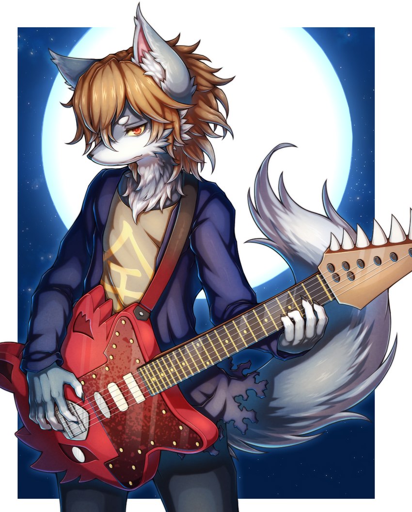 amber_eyes anthro brown_hair claws clothing guitar hair male moon musical_instrument night plucked_string_instrument short_hair solo string_instrument text tsu_ji sanrio show_by_rock!! kintaurus_(show_by_rock!!) canid canine canis mammal myumon wolf hi_res japanese_text