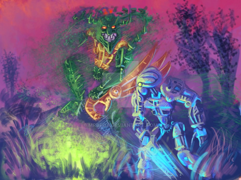 ambiguous_gender armor duo fight machine mask melee_weapon not_furry red_eyes scary sword teeth weapon yellow_eyes mrbfox bionicle lego matoro zaktan piraka protodite robot skakdi toa 4:3 distracting_watermark watermark