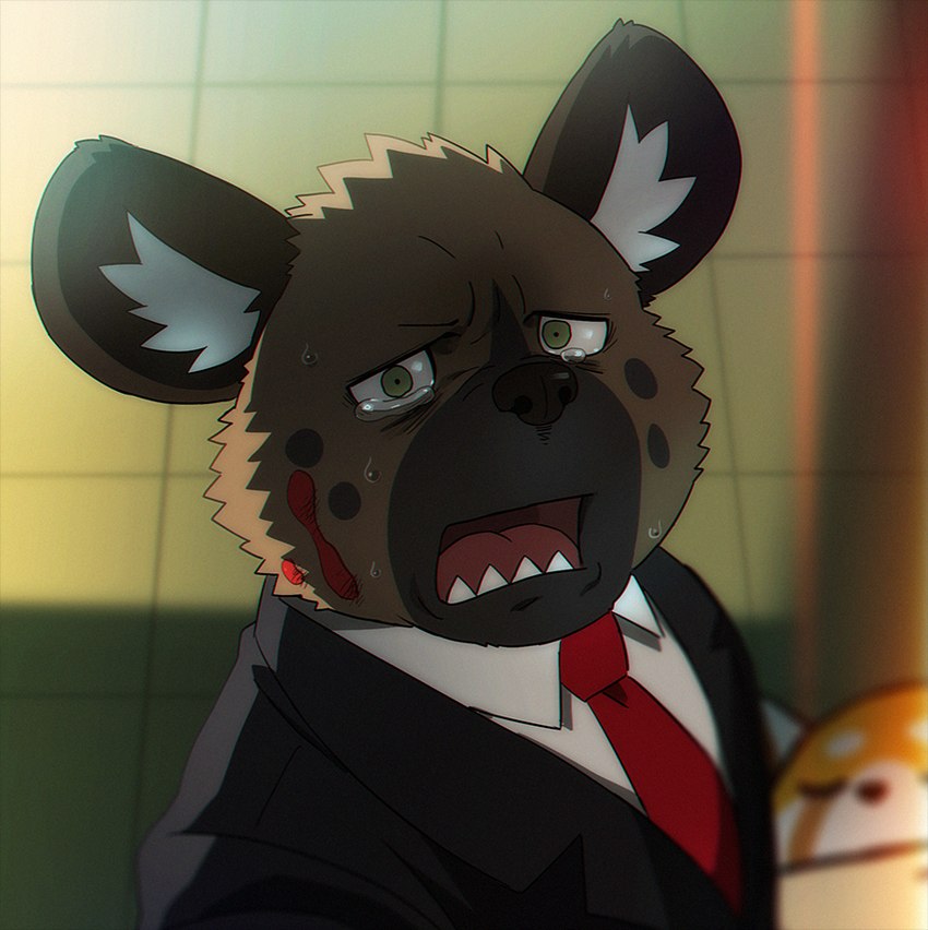 anthro black_body black_nose blood bodily_fluids brown_body brown_fur crying eyebrows eyes_closed fur green_eyes looking_at_viewer male necktie open_mouth orange_body sharp_teeth tears teeth tongue white_body white_eyebrows rossciaco aggretsuko sanrio haida_(aggretsuko) retsuko ailurid hyena mammal red_panda spotted_hyena 2020 digital_media_(artwork)