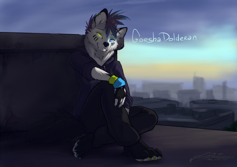 anthro biped city female glowing glowing_eyes heterochromia mohawk on_roof outside piercing rooftop sitting solo tail tomboy zakgor koul gorsha_(character) canid canine canis mammal wolf