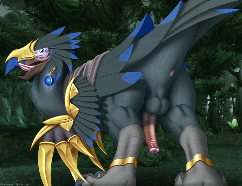 anus athletic athletic_feral athletic_male avian_butt backsack balls beak biped butt detailed_background feathered_wings feathers feral forest genitals half-erect looking_at_viewer looking_back male outside penis plant presenting solo tongue tongue_out tree wings dracovar_valeford blizzard_entertainment warcraft anzu_the_raven_god avian bird absurd_res hi_res