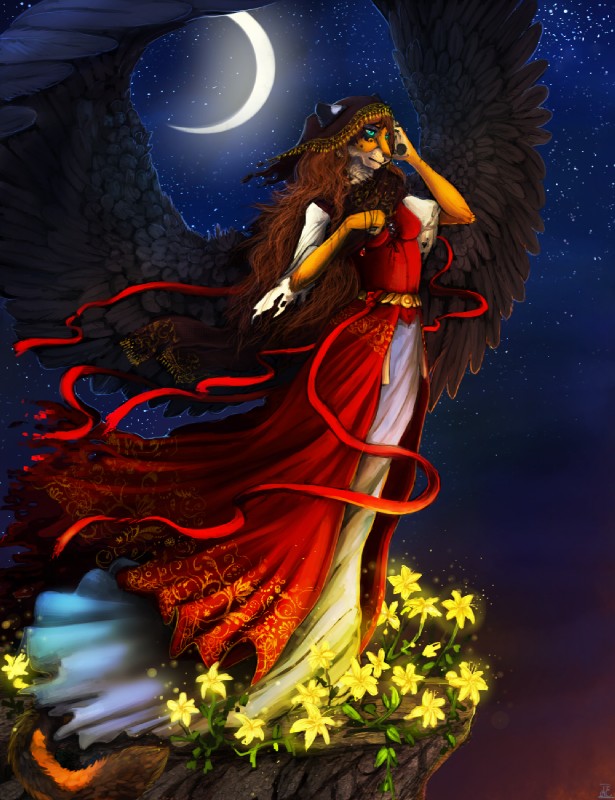 anthro black_body black_feathers blue_eyes breasts brown_hair cliff clothed clothing detailed_background embroiderie embroidery feathered_wings feathers female flower fur gem girdle gold_(metal) gypsy hair jewelry light markings moon moonlight necklace night orange_body orange_fur outside pawpads pendant plant ruby_(gem) sash shawl sky solo star starry_sky white_body white_fur wings araivis-edelveys araivis_edelveys_(character) felid hybrid liger lion mammal pantherine tiger digital_media_(artwork) hi_res