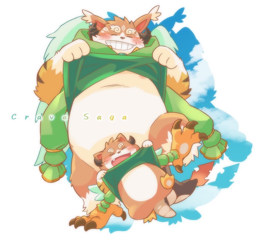 alternate_form anthro belly blush chibi claws clothed clothing clothing_lift duo eyebrows feet flashing fur grin horn male nipples orange_body orange_fur overweight shirt shirt_lift smile talons thick_eyebrows toes topwear wings garouzuki crave_saga ortho_(crave_saga) chimera hi_res