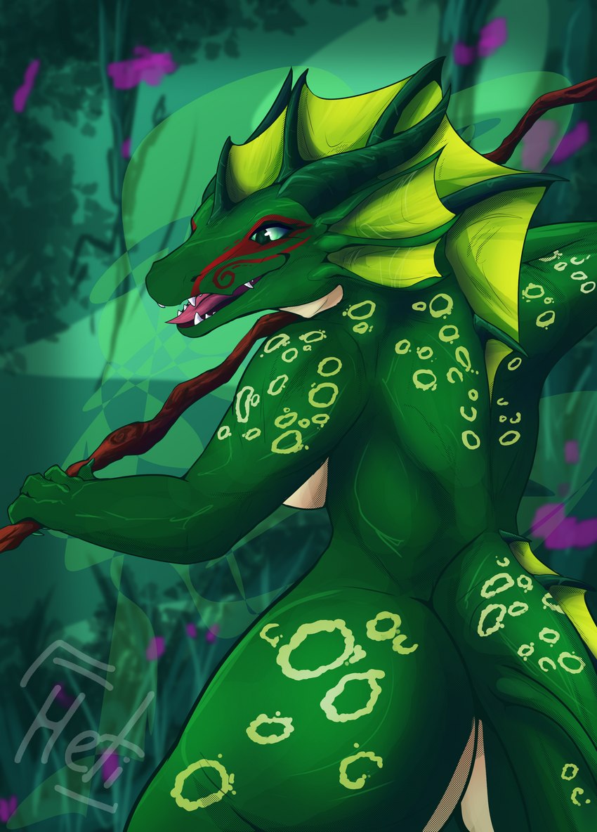 anthro blue_eyes breasts butt female female_anthro flower forest forest_background frill_(anatomy) horn jungle magic_user markings nature nature_background open_mouth plant solo spots spotted_body tail tree witch wooden_shaft dragheti mythology valynia_(xander45) dragon forest_dragon mythological_creature mythological_scalie scalie hi_res