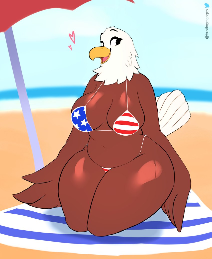 american_flag_bikini anthro beach beach_umbrella beak big_breasts bikini breasts clothing day feathered_wings feathers female flag_bikini front_view holidays kneeling non-mammal_breasts outside parasol sand sky slightly_chubby slightly_chubby_female solo swimwear tail tail_feathers thick_thighs two-piece_swimsuit wide_hipped_female wide_hips winged_arms wings bustingmangos 4th_of_july american_eagle accipitrid accipitriform avian bald_eagle bird eagle sea_eagle absurd_res hi_res