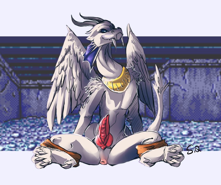 anthro anus curling_toes feathered_wings feathers feet fur genitals horn jewelry looking_at_viewer male penis photo_background sitting solo tail wings sapphire_kirin mythology sega shining_(sega) shining_force bleu_(shining) dragon furred_dragon furred_scalie mythological_creature mythological_scalie reptile scalie hi_res photography_(artwork)