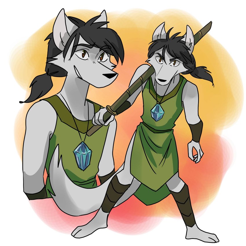 anthro brown_eyes clothing feet fluffy fluffy_tail gem hair holding_object holding_weapon jewelry leg_wraps long_hair male necklace paws ponytail shirt smile solo tail topwear tunic weapon wraps yinller segah_(dizzyvixen) canid canine fox mammal red_fox silver_fox true_fox 1:1 hi_res