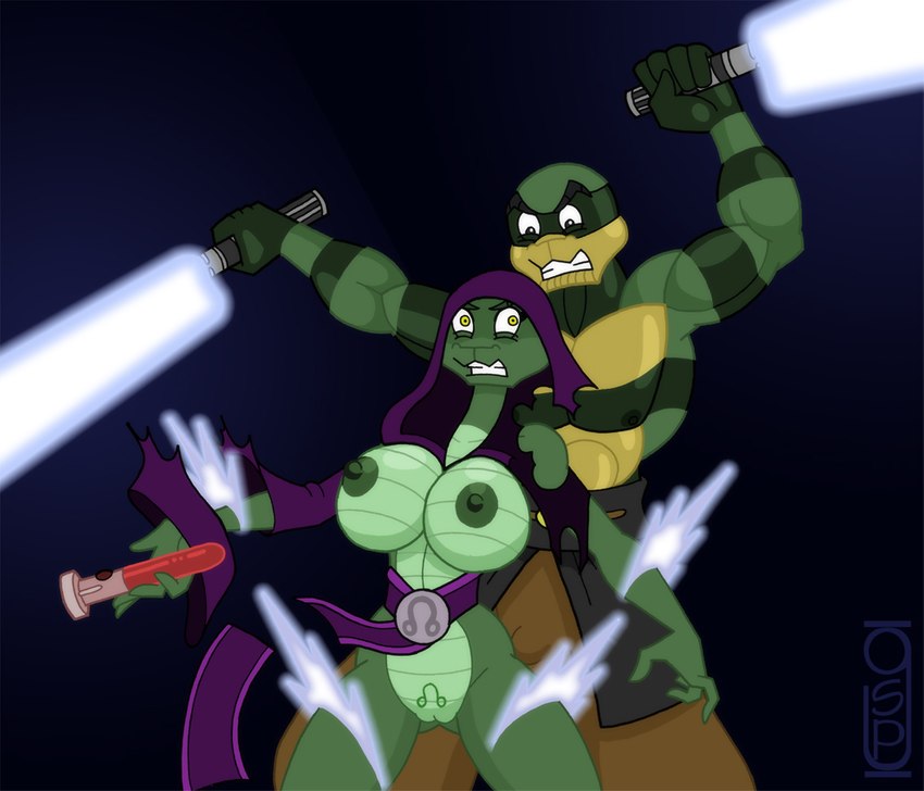 5_fingers anthro battle big_breasts blue_lightsaber breasts clothed clothing duo female fingers genitals green_body hood lightsaber male melee_weapon nipples pussy simple_background skimpy torn_clothing weapon greg_panovich star_wars darth_viper reptile scalie snake viper watermark