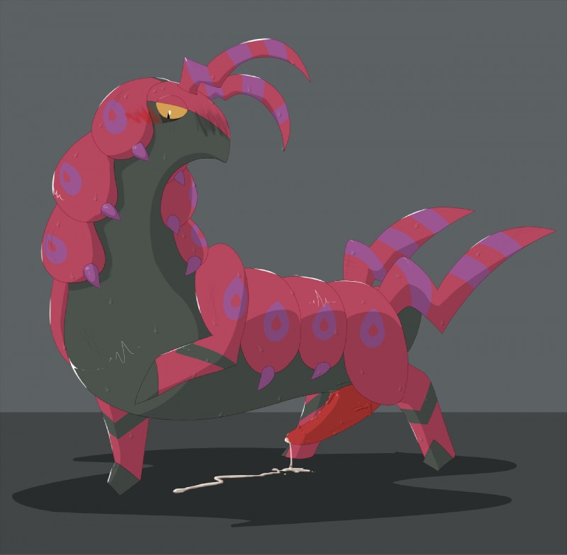 blush bodily_fluids cum erection feral genital_fluids genitals male orgasm penile_spines penis presenting presenting_penis solo sweat vogold nintendo pokemon arthropod generation_5_pokemon myriapod pokemon_(species) scolipede 2015 hi_res