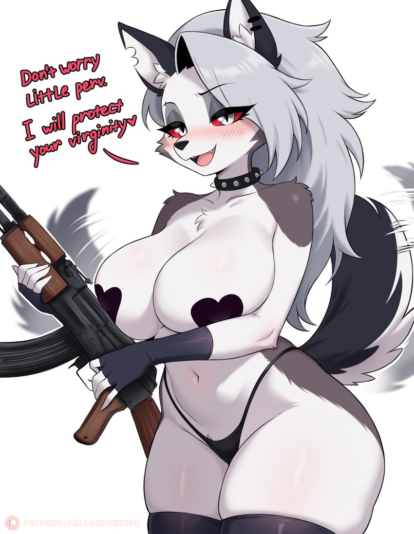 big_breasts black_clothing black_legwear blush breasts clothing cute_fangs dialogue fangs female fur grey_hair gun hair holding_gun holding_object holding_ranged_weapon holding_weapon legwear long_hair looking_at_viewer navel open_mouth pasties patreon_username ranged_weapon red_sclera simple_background tail tail_motion tailwag teeth text underwear weapon white_background white_body white_fur kuru_tyan helluva_boss kalashnikov mythology loona_(helluva_boss) canid canid_demon canine demon hellhound mammal mythological_canine mythological_creature 2025 digital_media_(artwork) english_text hi_res