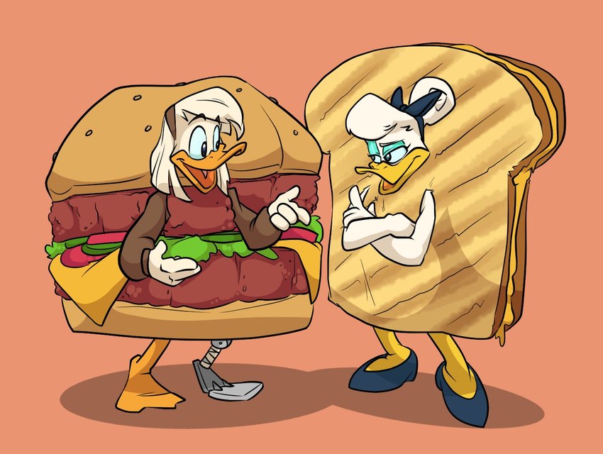 anthro burger burger_costume clothed clothing costume duo eye_contact female food food_costume grilled_cheese looking_at_another prosthetic prosthetic_leg prosthetic_limb sandwich_(food) simple_background koopakrazy85 disney daisy_duck della_duck anatid anseriform avian bird duck