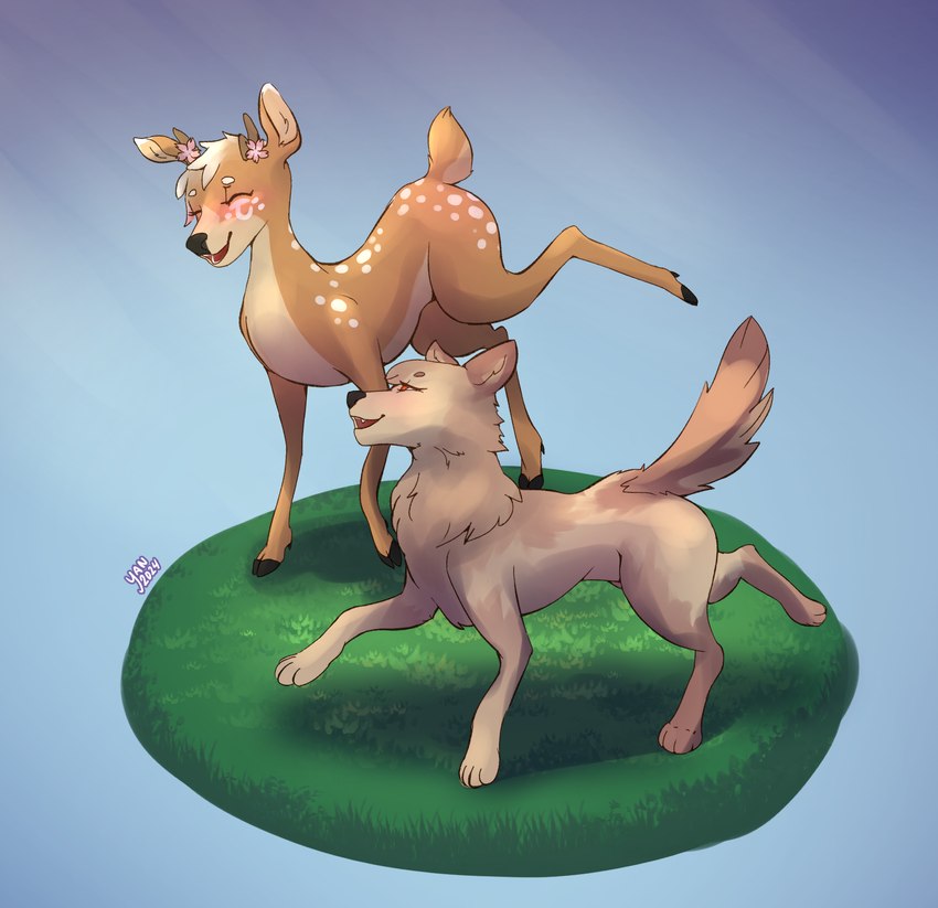 antlers blush brown_body brown_fur deer_spots female feral flower frolicking fur fur_markings grass hair hooves horn markings plant smile white_hair yan karina_(catjam) yan_(character) canid canine deer mammal hi_res nonbinary_(lore)