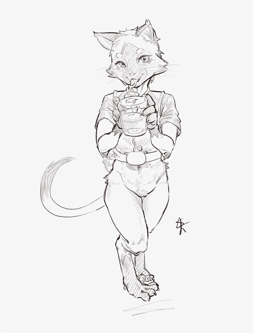 anthro beverage biped bottomless cheek_tuft claws clothed clothing digitigrade eyebrows facial_tuft feet female hindpaw holding_beverage holding_object looking_at_viewer paws pubes shirt simple_background solo standing t-shirt tail tongue tongue_out topwear tuft whiskers skeleton265 domestic_cat felid feline felis mammal digital_drawing_(artwork) digital_media_(artwork) hi_res