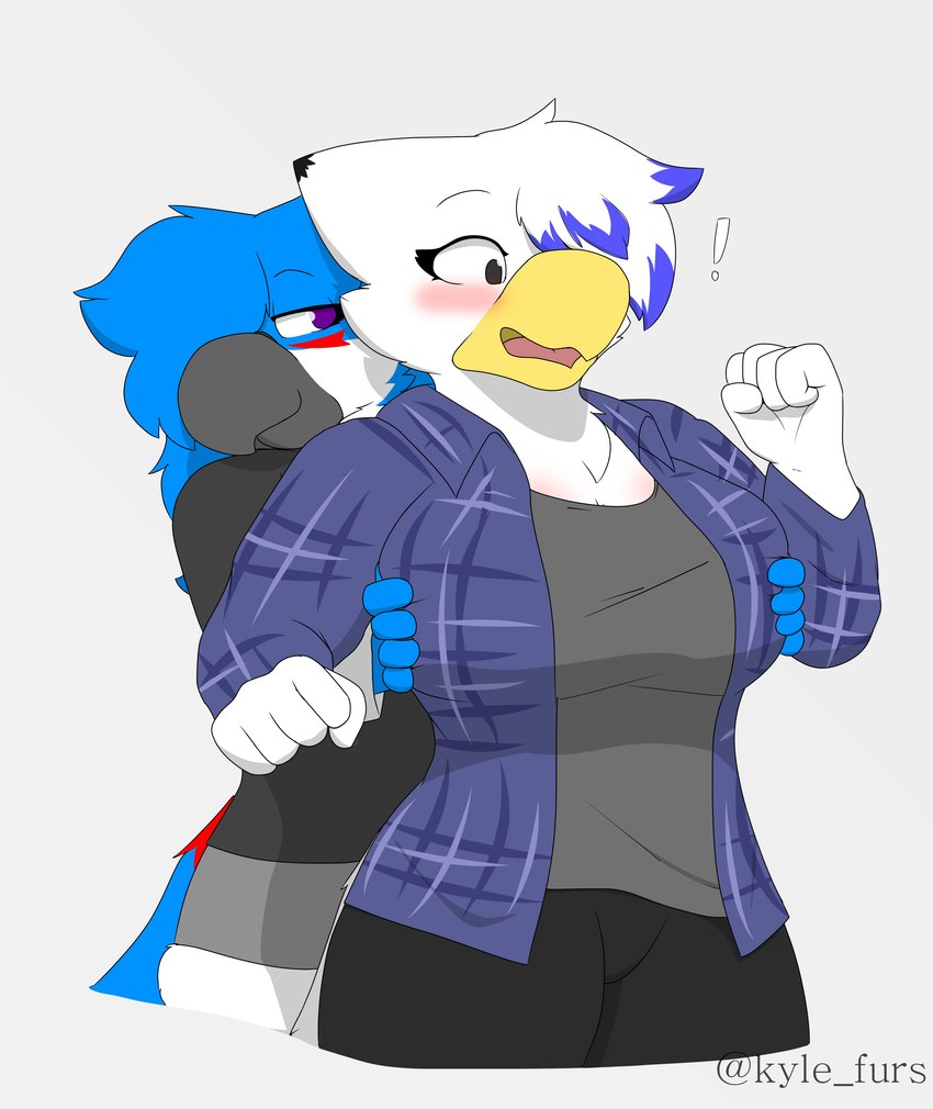 anthro beak breast_grab breasts clothed clothing duo exclamation_point female female/female grope groping_from_behind hair hand_on_breast open_mouth simple_background smile kangwolf kyle_wolfz deulis_(kangwolf) lucy_shine_(kyle_furs) accipitrid accipitriform avian bird eagle hybrid parrot absurd_res hi_res