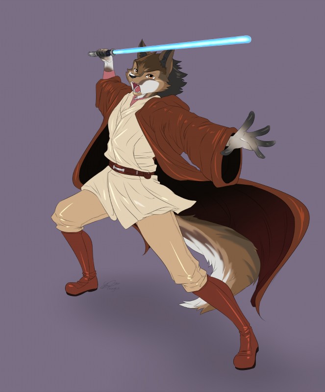 5_fingers anthro blue_lightsaber brown_clothing brown_robe clothed clothing fighting_pose fingers footwear fully_clothed fur holding_object holding_weapon inner_ear_fluff jedi jedi_tunic lightsaber melee_weapon open_mouth pose robe simple_background solo teeth tongue tuft weapon soina star_wars nate_(troenie) canid canine canis mammal wolf absurd_res hi_res