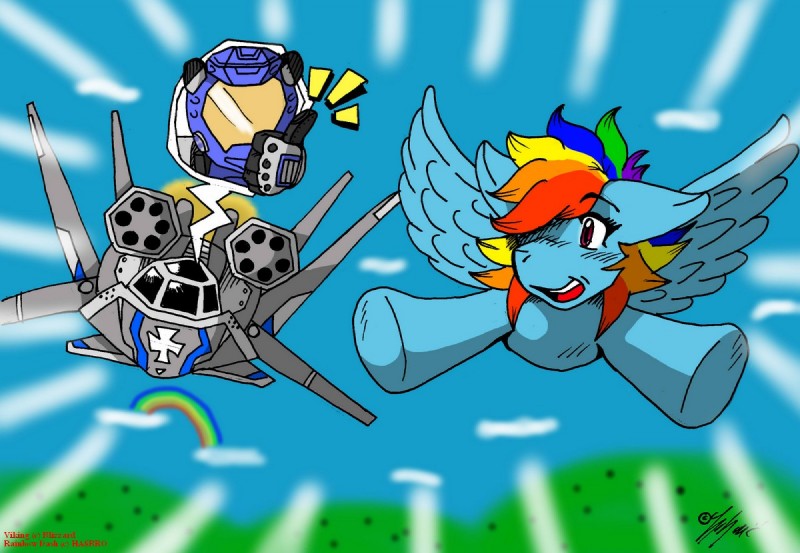 aircraft armor blue_body blue_feathers blue_fur duo feathered_wings feathers female feral fur hair headgear helmet multicolored_hair rainbow_hair vehicle wings heroesheaven blizzard_entertainment friendship_is_magic hasbro my_little_pony mythology starcraft rainbow_dash_(mlp) viking_pilot_(starcraft) equid equine horse human mammal mythological_creature mythological_equine pegasus pony terran crossover