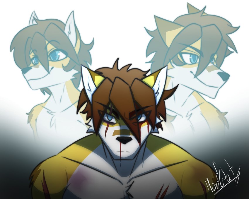 anthro blood blood_on_face blue_eyes bodily_fluids brown_hair bruised fur hair male memories muscular nosebleed seto_(harucat) slim solo yellow_body yellow_fur young young_male harucat canid canine canis mammal wolf hi_res