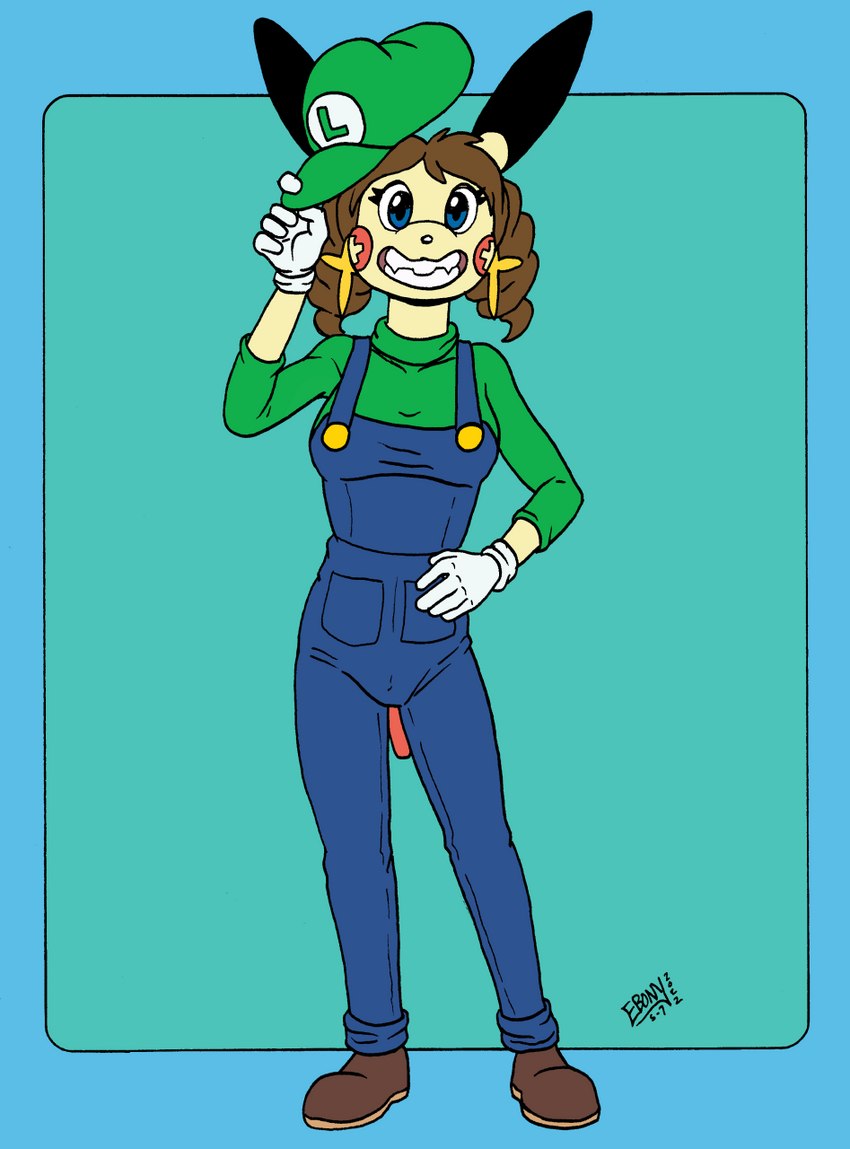 anthro black_ears blue_clothing blue_eyes blue_overalls boots brown_boots brown_clothing brown_footwear brown_hair buckteeth clothing cosplay fangs female footwear gloves green_clothing green_hat green_headwear green_shirt green_topwear hair handwear hat headgear headwear overalls pockets pokemorph shirt shoes smile solo teeth topwear white_clothing white_gloves white_handwear avoid_posting ebonyleopard third-party_edit mario_bros nintendo pokemon johanna_volt luigi generation_3_pokemon mammal plusle pokemon_(species) rodent 2022 color_edit colored dated flat_colors hi_res signature