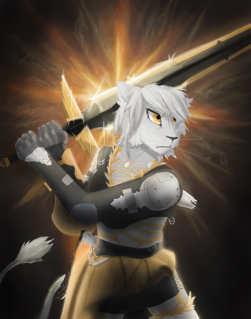 angry anthro armor attack chair clothed clothing female fire fur furniture guardian gun hair handgun holding_melee_weapon holding_object holding_sword holding_weapon melee_weapon ranged_weapon simple_background solo sword tail weapon white_body white_fur yellow_eyes crybitur destiny_(video_game) destiny_2 felid lion mammal pantherine absurd_res hi_res