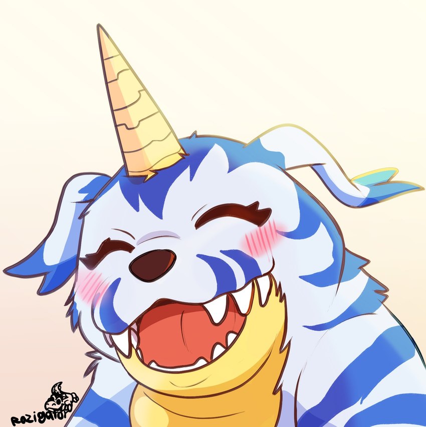 animal_skin anthro blush fur horn logo male smile solo striped_body striped_fur stripes unicorn_horn razigator bandai_namco digimon digimon_(species) gabumon 2025 artist_logo digital_drawing_(artwork) digital_media_(artwork) headshot_portrait hi_res portrait