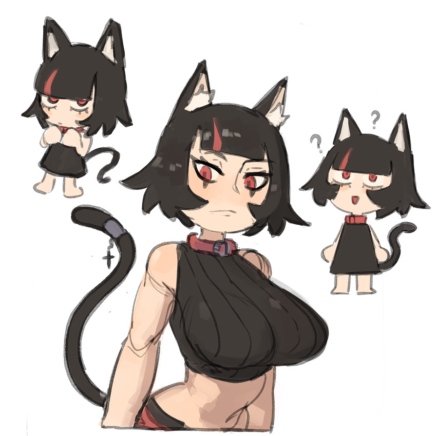 animal_ears bangs big_breasts black_clothing black_hair black_tail black_topwear breasts clothed clothed_female clothed_humanoid clothing collar eyelashes female female_humanoid hair highlights_(coloring) inner_ear_fluff light_body light_skin midriff mouth_closed open_mouth question_mark red_collar red_eyes red_highlights short_hair simple_background sleeveless_clothing small_waist solo tail topwear tuft white_background white_inner_ear_fluff white_sclera karu184 animal_humanoid cat_humanoid felid felid_humanoid feline feline_humanoid humanoid mammal mammal_humanoid 2023 digital_drawing_(artwork) digital_media_(artwork) hi_res