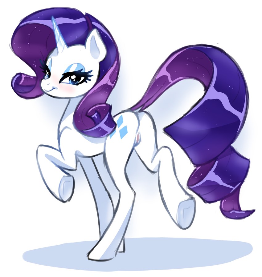 blue_eyes blue_eyeshadow blush butt cutie_mark eyelashes eyeshadow female feral fur genitals hair horn looking_at_viewer looking_back makeup nude purple_hair pussy rear_view shadow simple_background smile solo white_body thousandarms friendship_is_magic hasbro my_little_pony mythology rarity_(mlp) equid equine horse mammal mythological_creature mythological_equine pony unicorn absurd_res digital_media_(artwork) hi_res