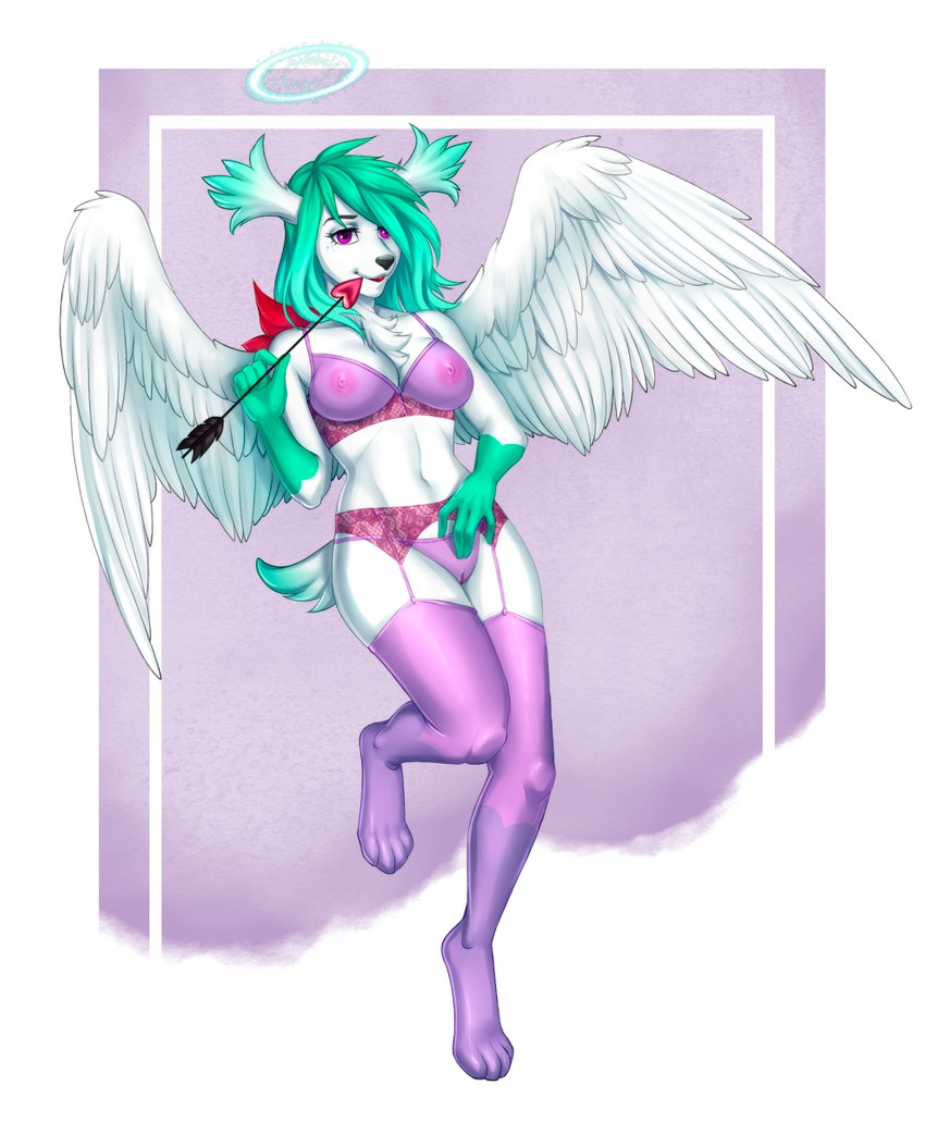 5_fingers anthro areola black_nose breasts clothing eyebrows eyelashes feathered_wings feathers female fingers genitals green_hair hair halo midriff navel nipples pussy smile solo translucent translucent_clothing translucent_underwear underwear white_body white_feathers wings littlemomoko hybrid 2021 digital_media_(artwork) hi_res