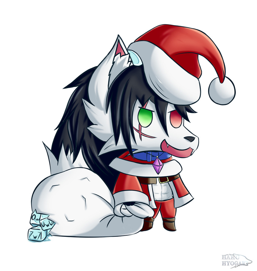 7w7 abs amethyst_(gem) amethyst_necklace anthro black_body black_fur black_hair blue_collar chibi christmas_clothing christmas_headwear clothed clothing collar fur gem green_eyes hair hat headgear headwear heterochromia holidays horn ice jewelry long_hair male necklace open_mouth open_smile owo red_eyes santa_hat simple_background smile solo uwu white_body white_fur hakuhyogaki christmas padoru haku_hyogaki arctic_wolf canid canine canis mammal wolf hi_res