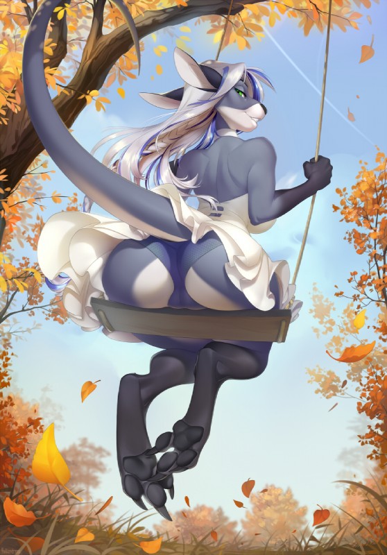 3_toes 5_fingers anthro autumn barefoot big_butt black_pawpads blue_clothing blue_panties blue_underwear butt camel_toe clothed clothing day detailed_background eyebrows eyelashes feet female fingers green_eyes hair inconvenient_tail long_hair outside panties pawpads paws plant public sky smile soles solo spread_toes swing toes tree underwear upskirt yulliandress kyra_(greyshores) kangaroo macropod mammal marsupial 2020 alternate_version_at_source digital_media_(artwork) hi_res